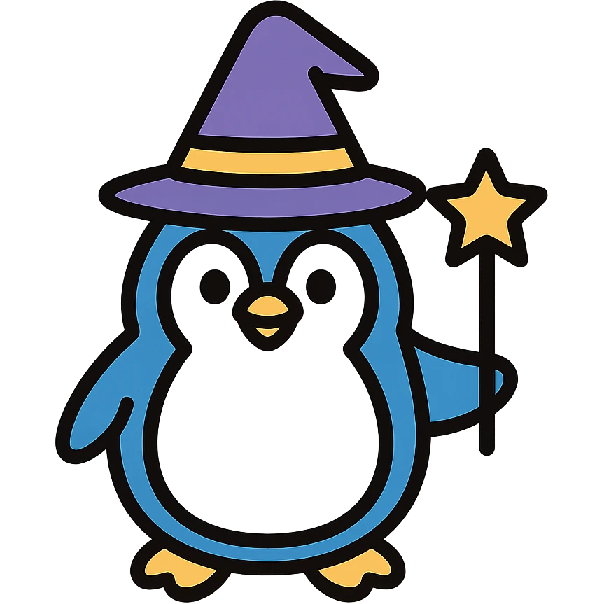 A penguin wizard with a pointy hat and a magic wand emoji