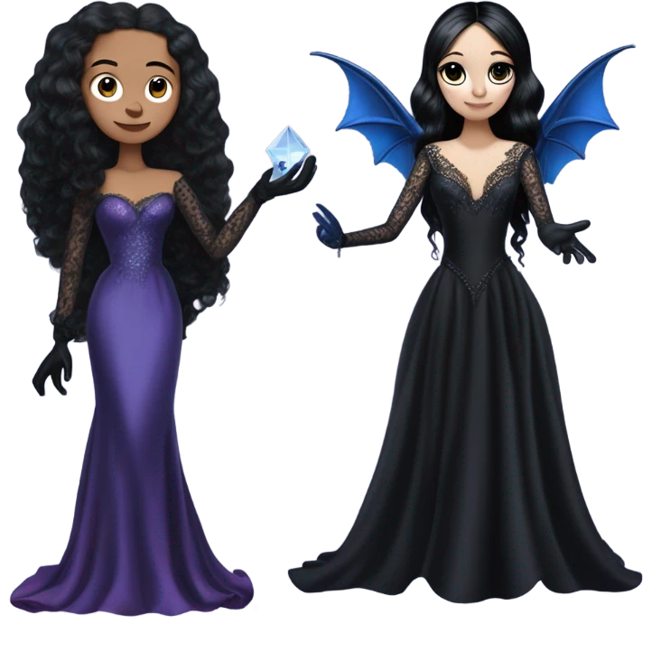 relaxed low-cut back silky black evening ball gown with lace gloves, Jenna Ortega as Addams woman wearing a mini diamond tiara, very large blood blue cute horned old dragon hand puppet emoji