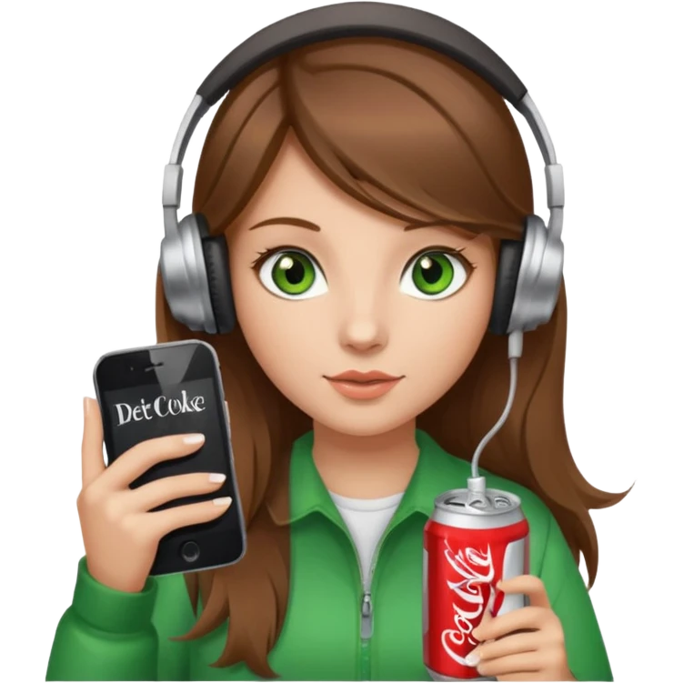 a girl with brown hair blonde ends green eyes phone in hand with diet coke and wearing headphones emoji