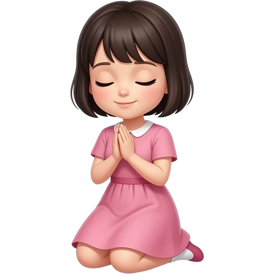chica de cabello oscuro y corto, sin accesorios, con vestido color rosa, orando de rodillas, con ojos cerrados emoji