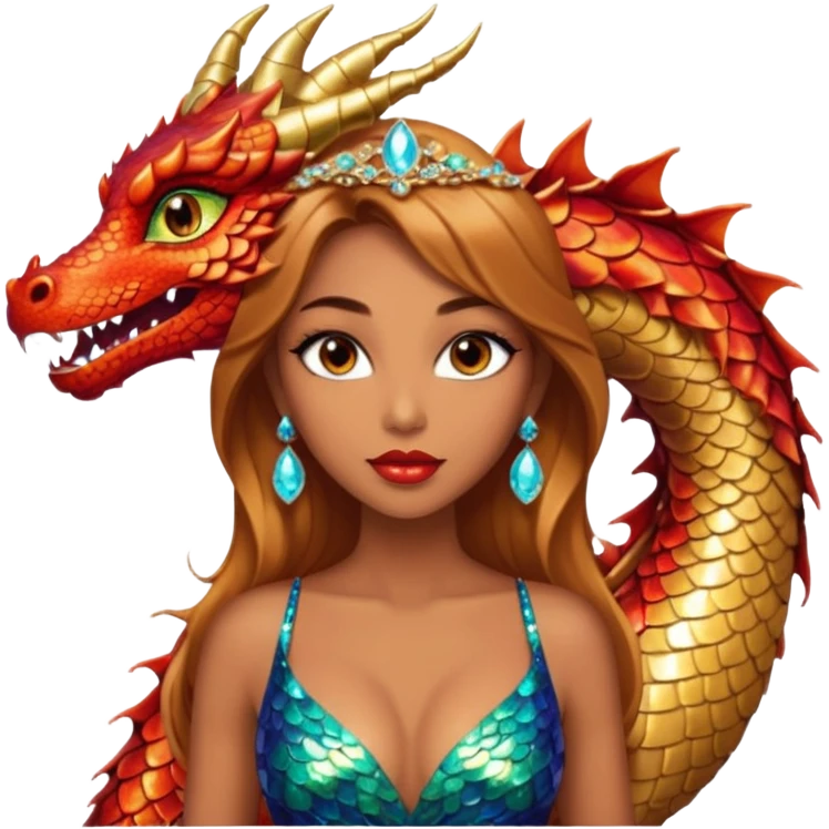 A gorgeous woman with dragon featured with glittering jeweled scales covering her body. She has large almond shaped eyes, lush lips, and she wears a stunning luminescent gown. emoji