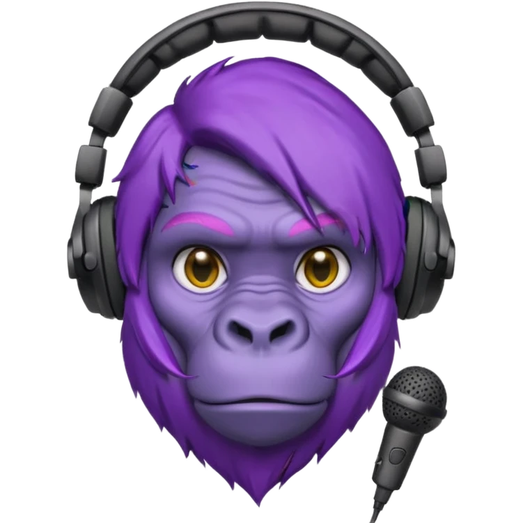 purple haired gorilla head with gaming headset and microphone emoji