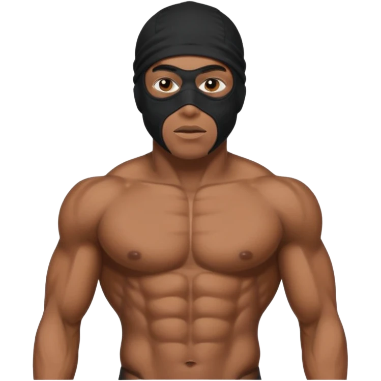smug muscular african male black ski mask wearing guy with no top. wears a full ski mask with only eyes revealed emoji
