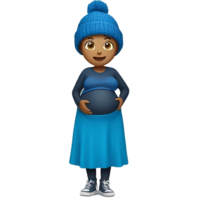 Pregnant woman with a blue beanie on showing her stomach emoji