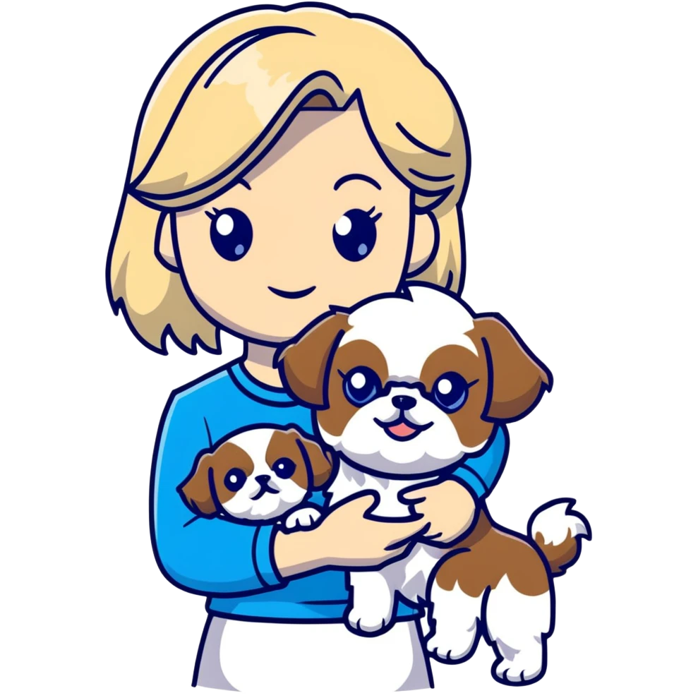 White blond girl with long hair and blue eyes holding a small female shih tzu dog emoji