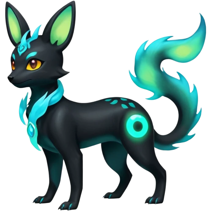 Shiny Ethereal Eldritch Cool Edgy Badass Punky Aural Iridescent Fluorescent Bioluminescent Umbreon-Amaura-Salandit-Litten-Flareon-Fakémon-fusion (full body) emoji