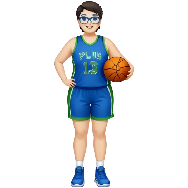 Full Body plus size white female basketball player with short dark hair with highlights spike hair wearing blue glasses  wearing blue green uniform smiling emoji