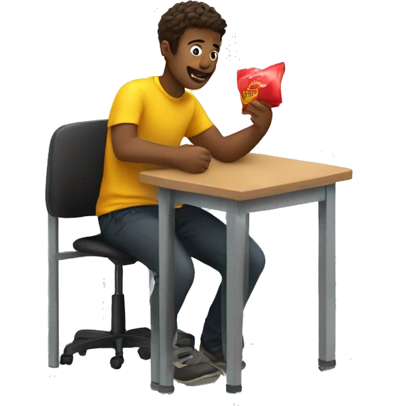 European students sitting at desks. They are throwing one bag emoji