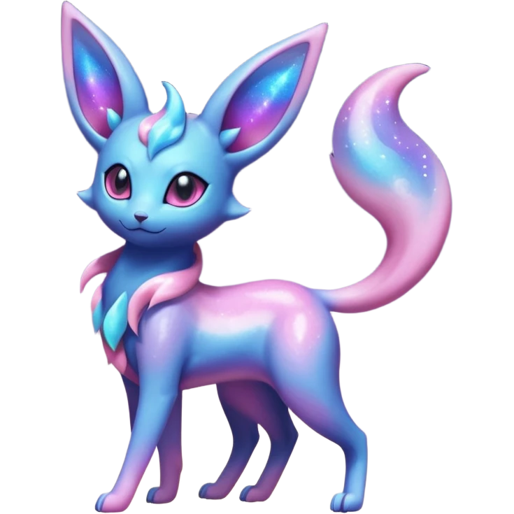 Shiny Iridescent Nebulae Espeon-Umbreon-Sylveon-Dragonair-Fakémon-hybrid-creature (full body)  with a galaxy-dust-flowing-gradient-tail emoji