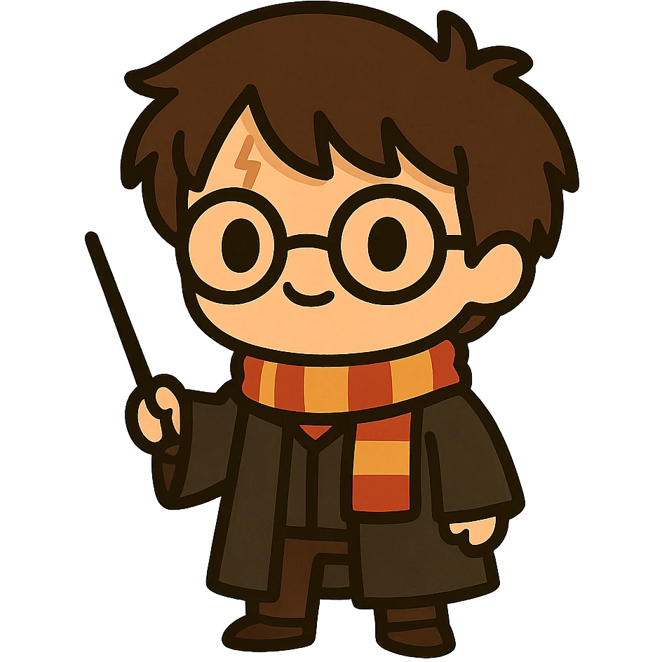 Full body illustration of Harry Potter in a cute, cartoon, simplified style matching the previous hippogriff. Features include round glasses, forehead scar, dark brown hair, striped scarf, holding a wand, wearing Hogwarts robe. Use bold black lines and soft colors. emoji