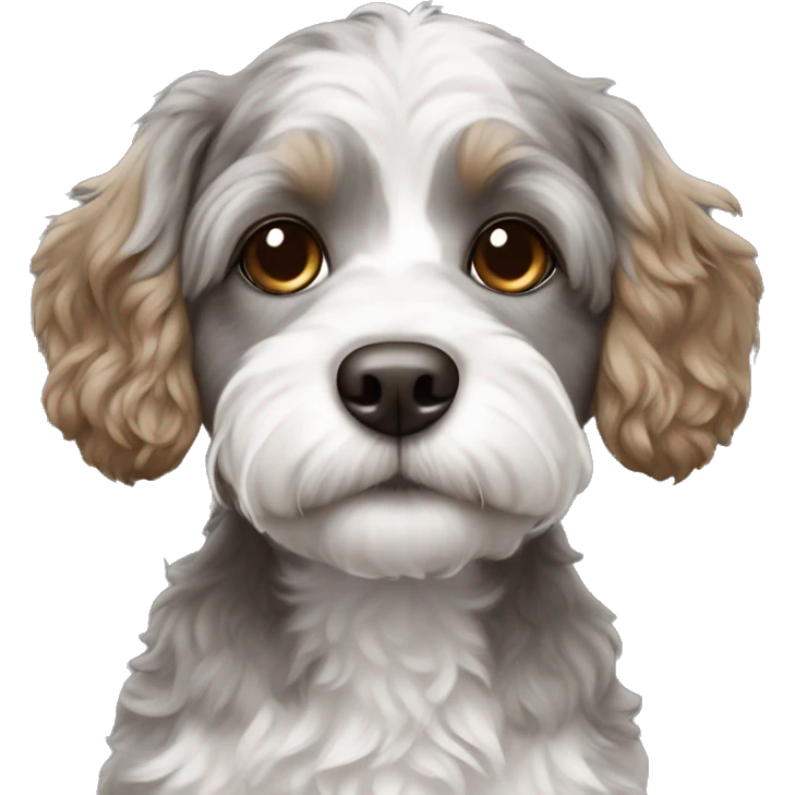 Cute grey and white Havapoo with brown hair around the nose emoji