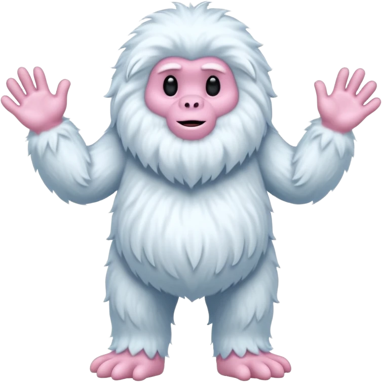 A fluffy, white creature resembling a yeti stands upright, featuring a round body and long, shaggy arms. Its face is smooth with a simple, flat mouth and no visible eyes. The hands and feet are pink with claw-like digits, and the creature has a whimsical, cartoonish appearance emoji