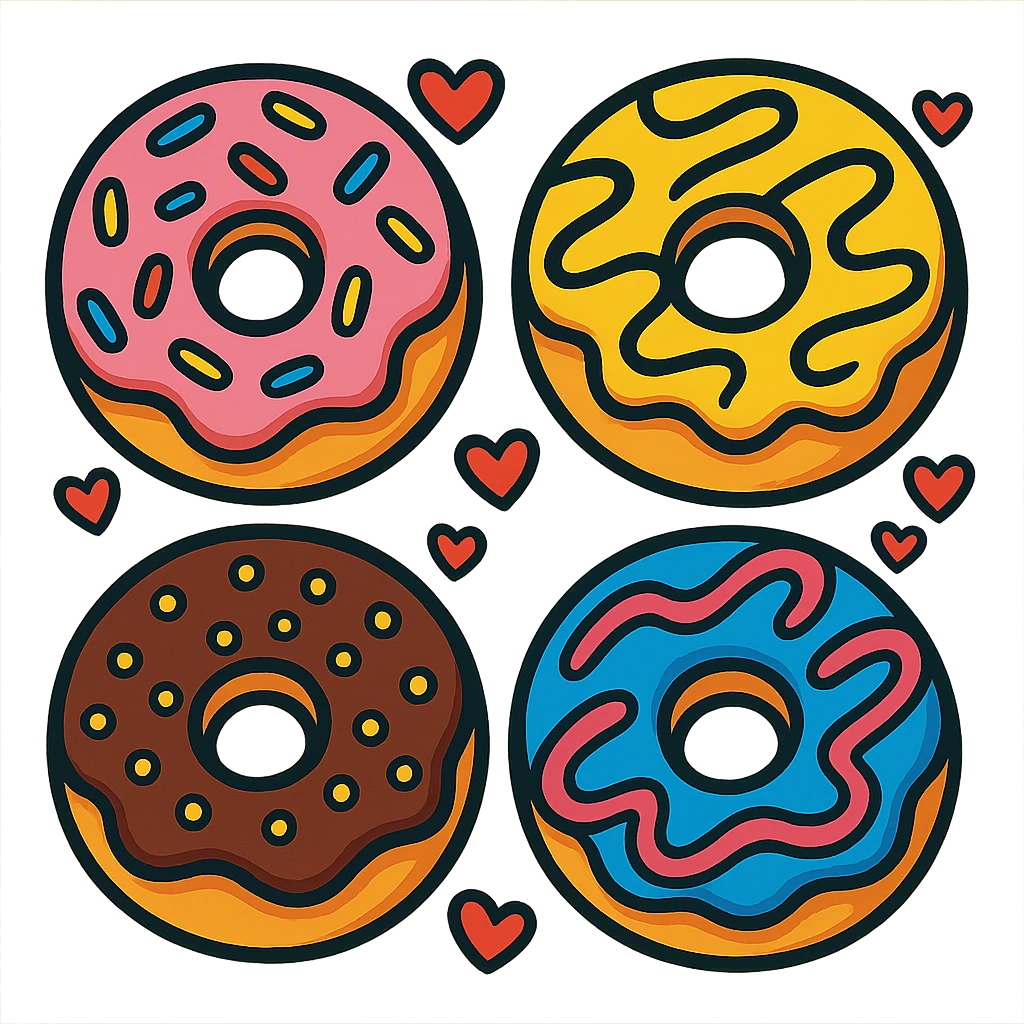 decorated donuts with hearts, vibrant and cheerful style emoji