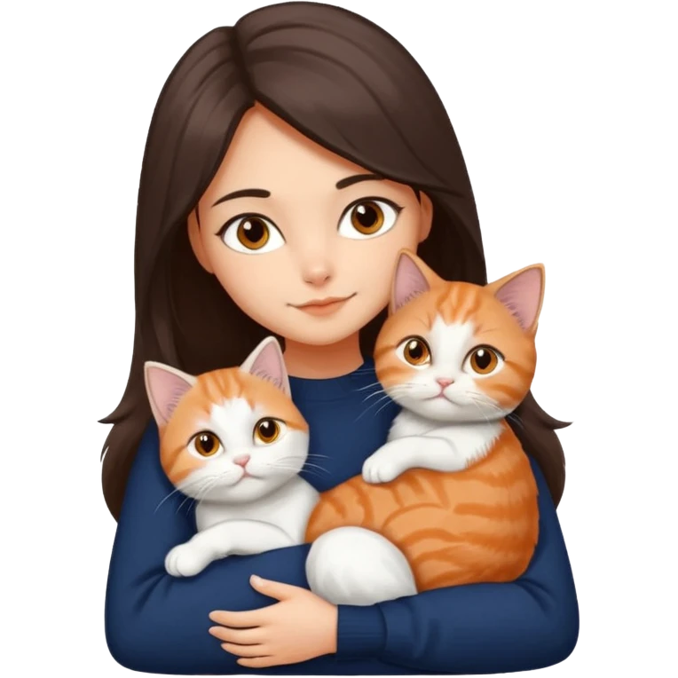 a girl with long dark brown hair, in a navy sweater, hugs a persian peaknose grey cat and persian peaknose orange and white kitten and a persion peaknose brown tabby and white cat emoji