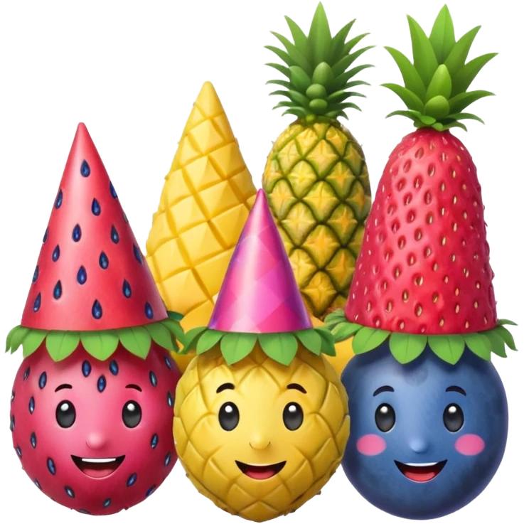 strawberry, blueberry, raspberry, banana, mango, pineapple pink lady apple having a party emoji