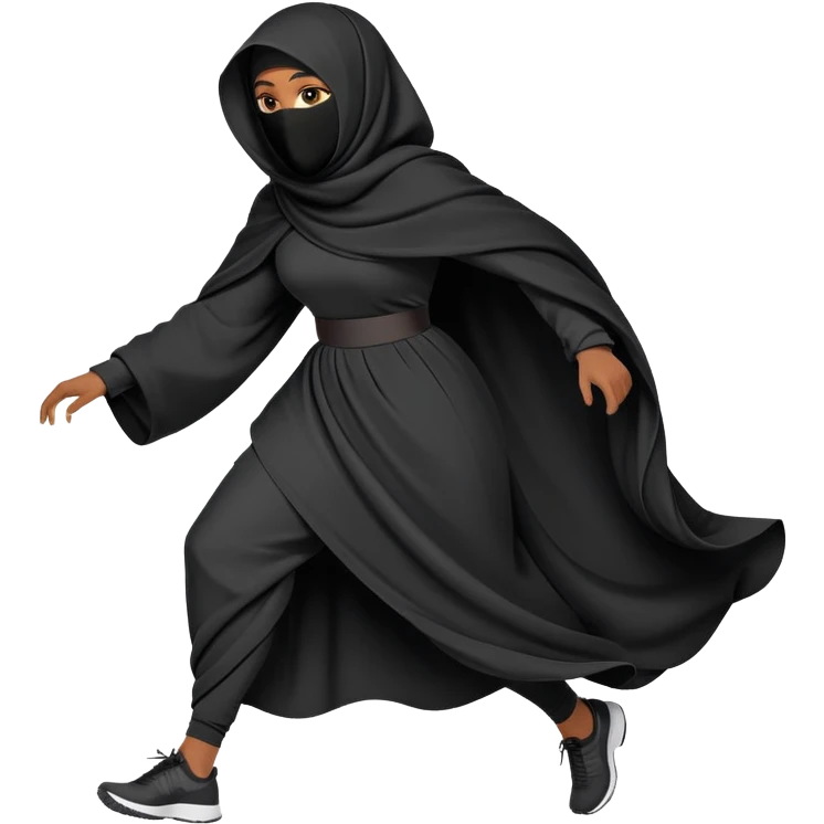woman in a black niqab and oversized garments, running, dynamic pose emoji