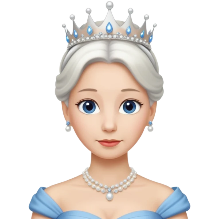Queen with white bun hair – silver tiara, pearl necklace, elegant gown, blue dress emoji