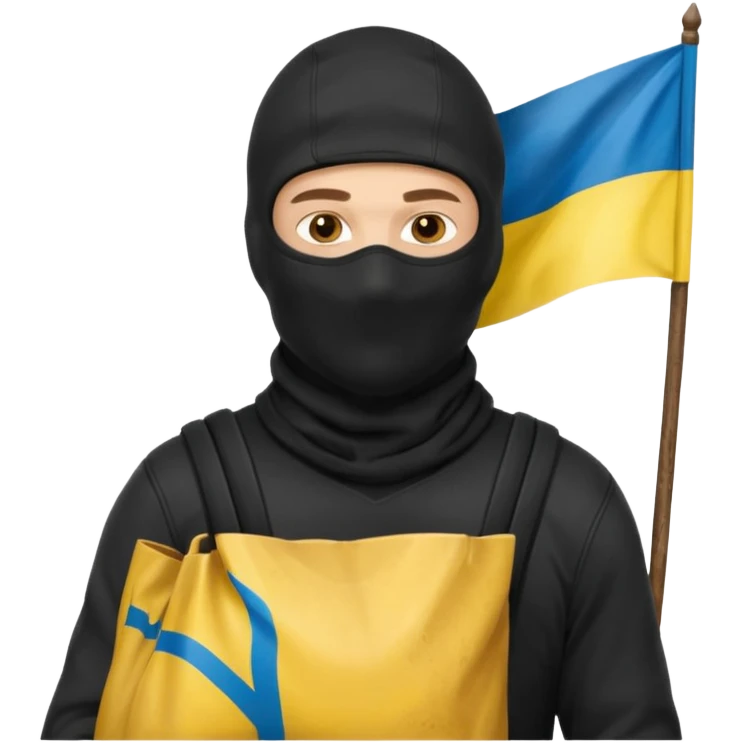 создай реалистичного белого украинца в черное одежде и черной балаклаве и в руках большой мешок с флагом украины на нем emoji