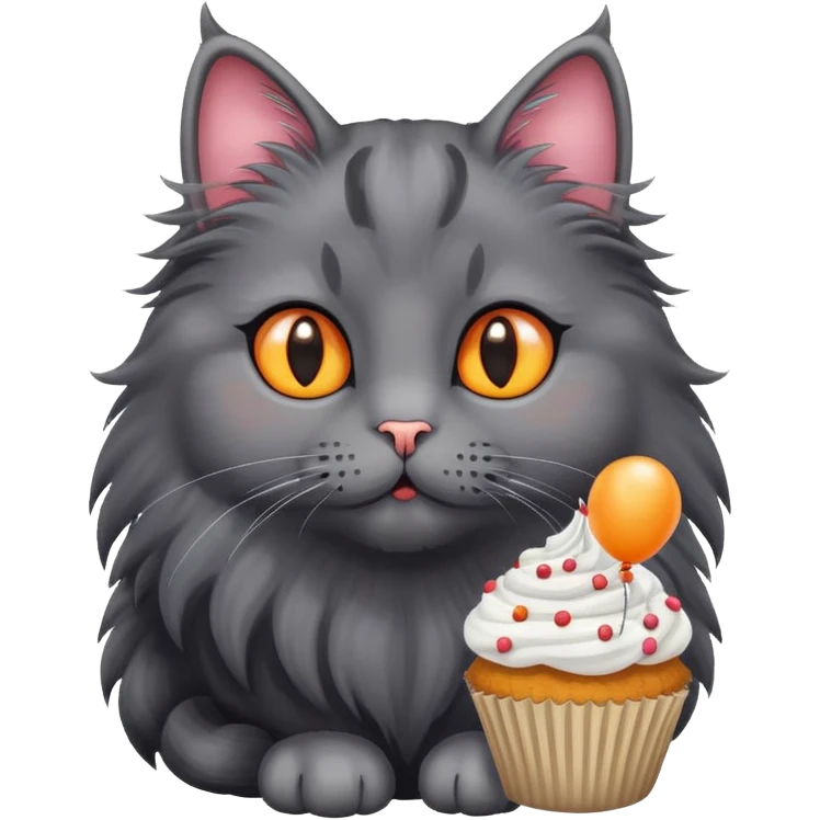 Orange eyes Long haired black grey cat fluffy with cupcake balloons emoji