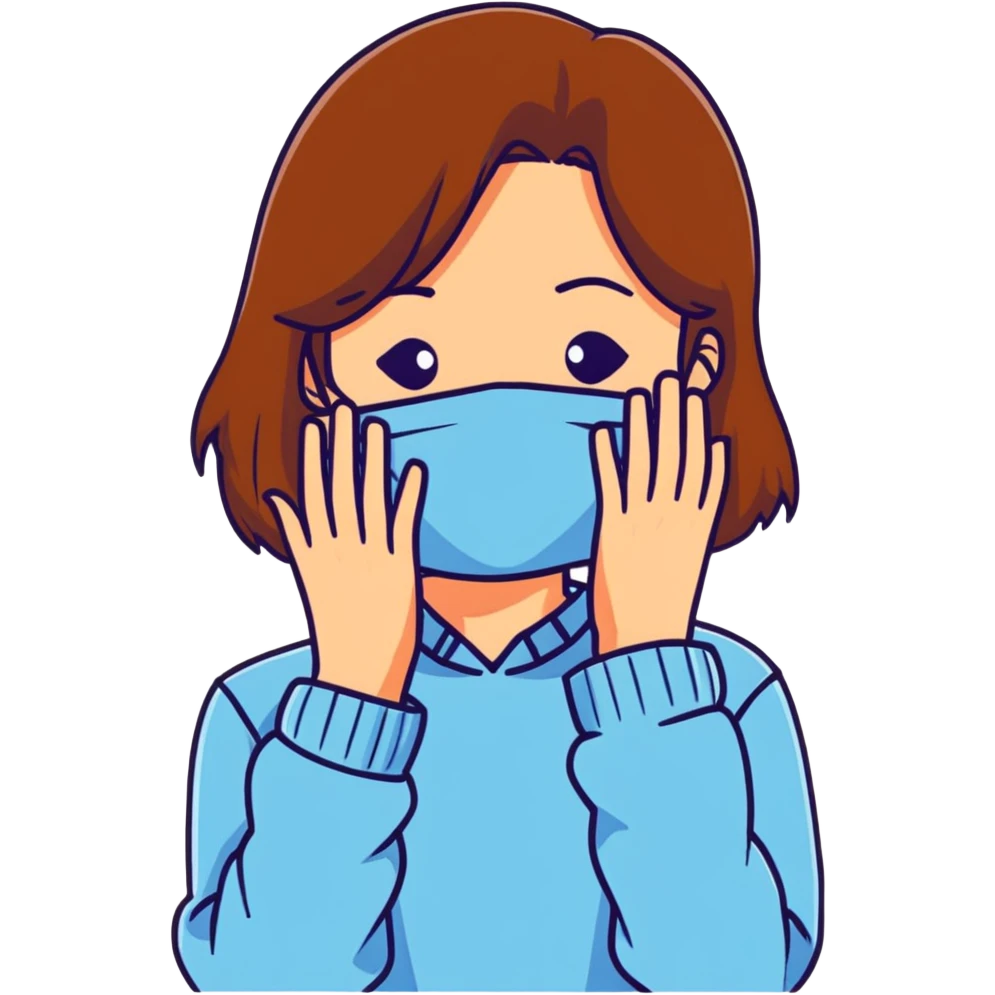 brunette girl with brown hair wearing pastel blue clothes covering her face with her hand emoji