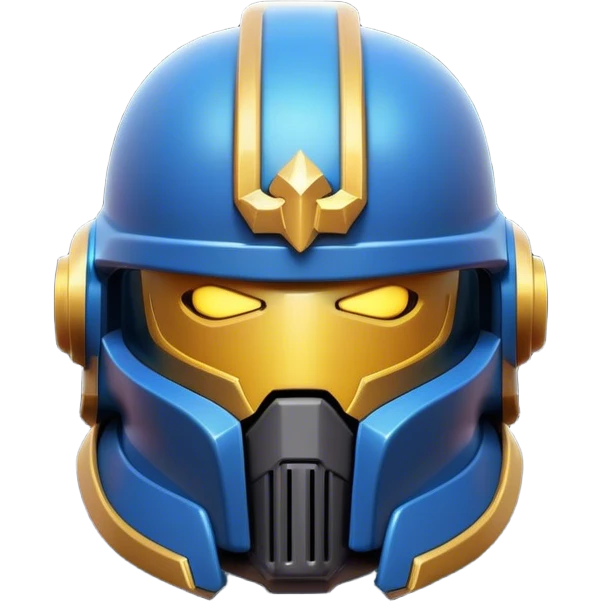 Clash of Clans aesthetic: Cinematic Playful Space Marine Helmet Emoji, rendered in a 3D vector-style similar to standard emojis with minimal shading and bold, simplified shapes. A compact, heroic isometric helmet with futuristic, armored detailing and a glowing visor, softly glowing with a battle-ready cosmic charm. Simplified yet unmistakably iconic, highly detailed and consistent, glowing with a soft radiant shine and high gloss. Stylized with a touch of interstellar valor and a soft glowing outline, capturing the essence of an elite warrior’s helm with a friendly, playful spirit! emoji