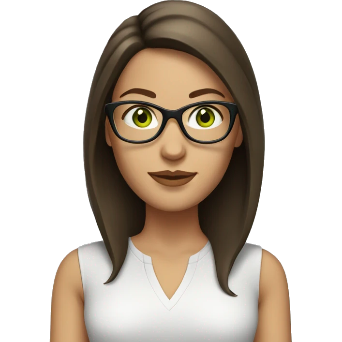 White woman with medium brunette hair green eyes and glasses emoji