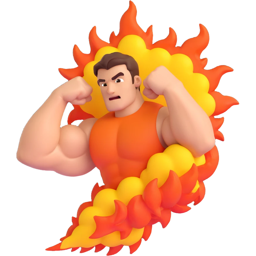 a flexing bicep emerging from a stylized fiery explosion, dynamic and bold emoji
