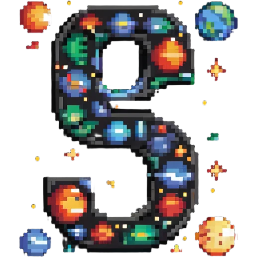 letter J with pixel planets and moons orbiting around it emoji