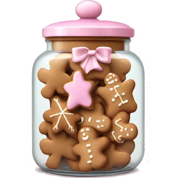 Realistic glass cookie jar with light pink lid full of gingerbread cookies isolated.  emoji