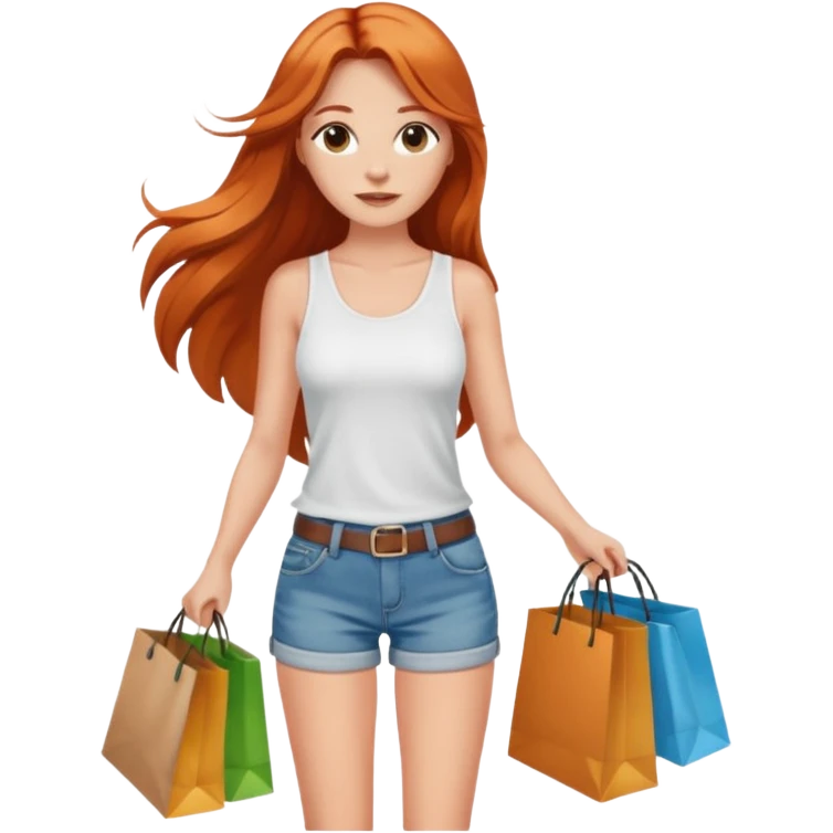 Mujer joven blanca con cabello largo cobrizo vestida con top blanco y short de jean con bolsas de compras emoji