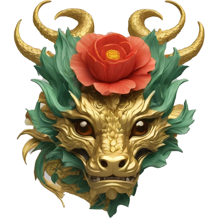 Intricate floral flower red and black and gold and jade dragon face with flowers poppies roses detailed emoji