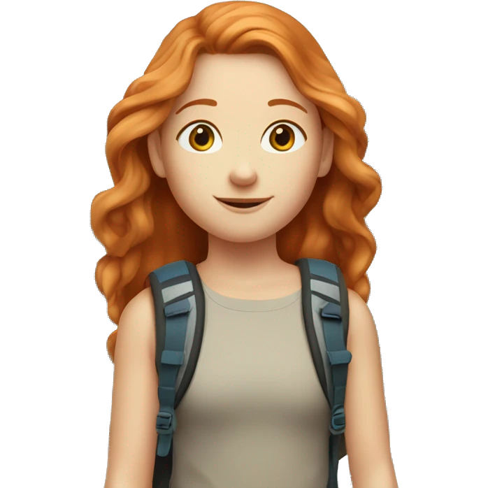 Ginger girl with volume straight hair and blue eyes on a summer hike in mountains  emoji