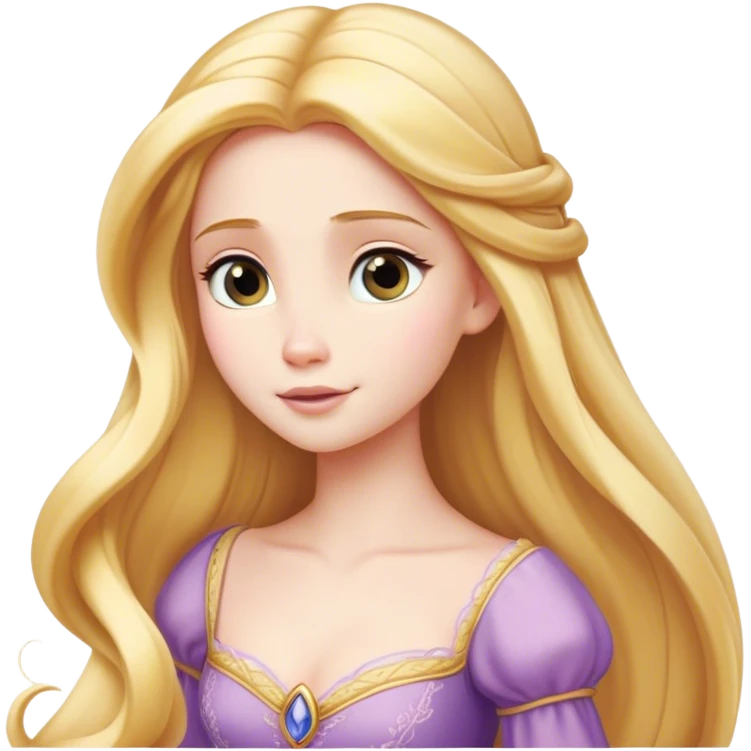 Cinematic Timeless Rapunzel Portrait Emoji, rendered in a clean, vector style. Depict Rapunzel with porcelain skin, beautifully styled long golden hair, and a serene, graceful expression, dressed in her classic gown. The design features bold, clean lines, a soft, magical glow, and a subtle glowing outline that captures her timeless, fairy-tale beauty. emoji