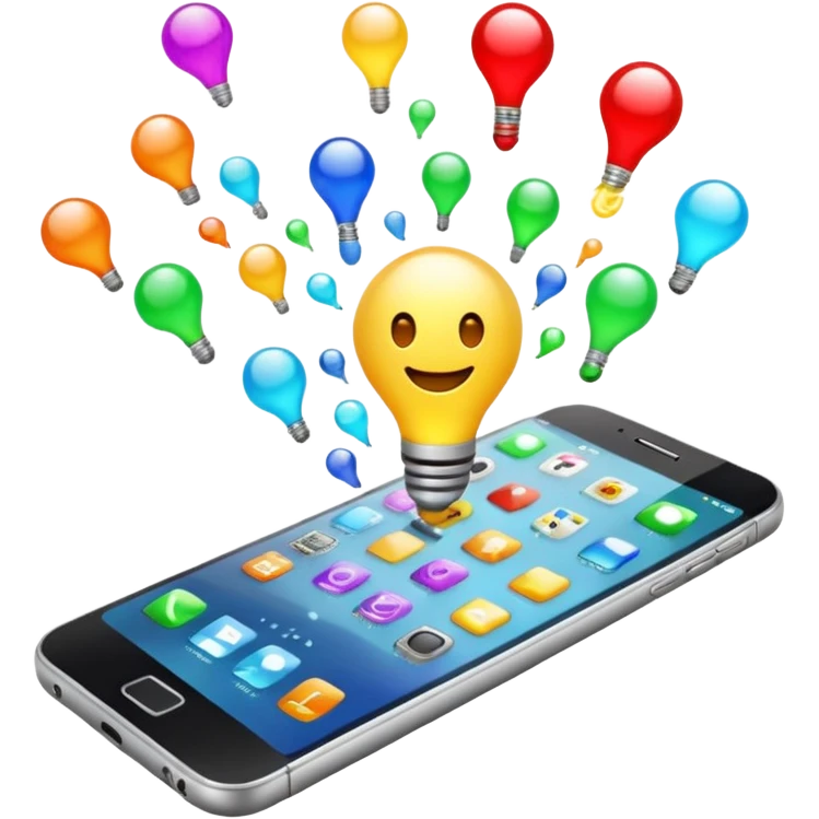 Generate a realistic emoji of a smartphone where a lot of things like data, ideas, inventions and creative stuff coming out of it. Whats coming  out of it spreads in the air  emoji