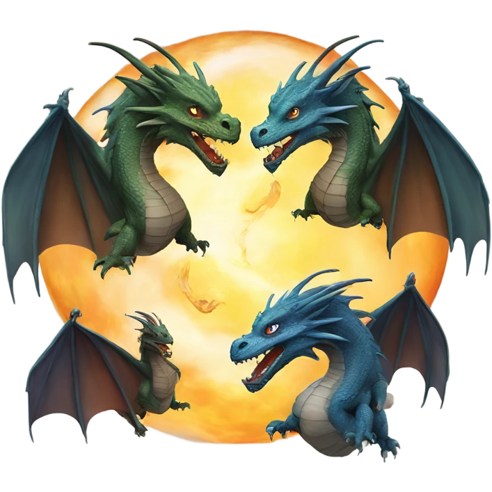 Realistic and detailed dragons flying around and they are breathing the elements around the ying yang symbol  emoji