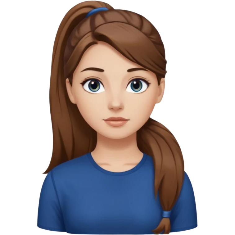 pretty white girl brown long hair makeup ponytail  on left shoulder, dark blue shirt emoji