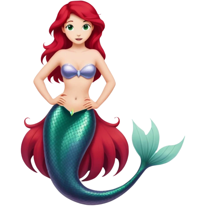 Ariel mermaid from hips up, green tail, red hair, minimal style, larger size emoji