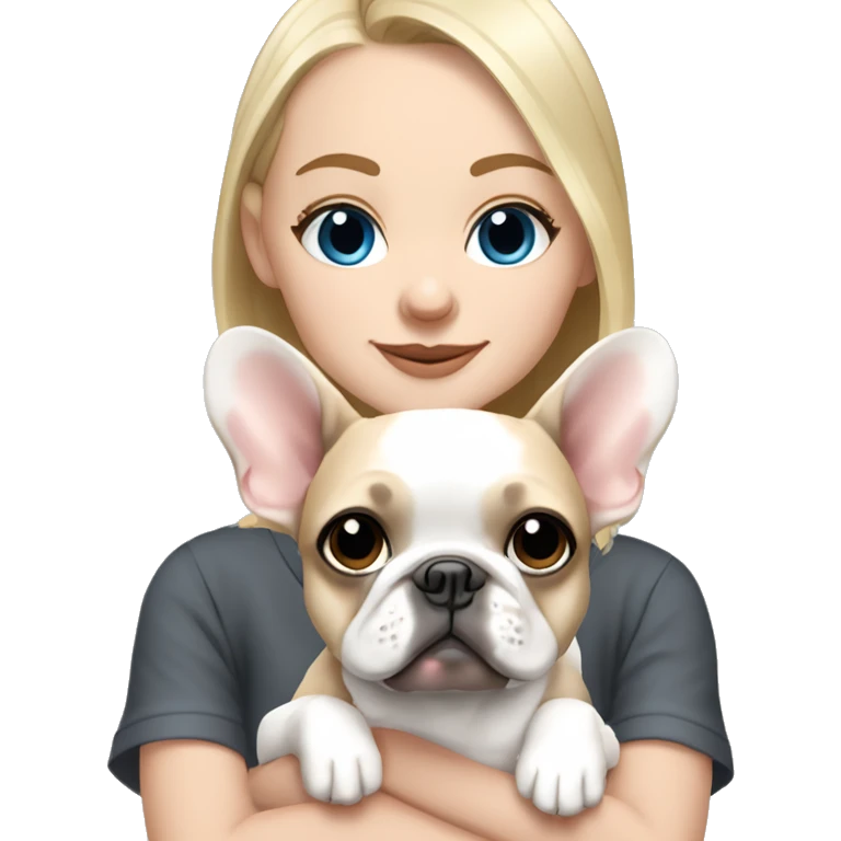 Blonde girl blue eyes holding dark grey frenchie and fawn pied frenchie emoji