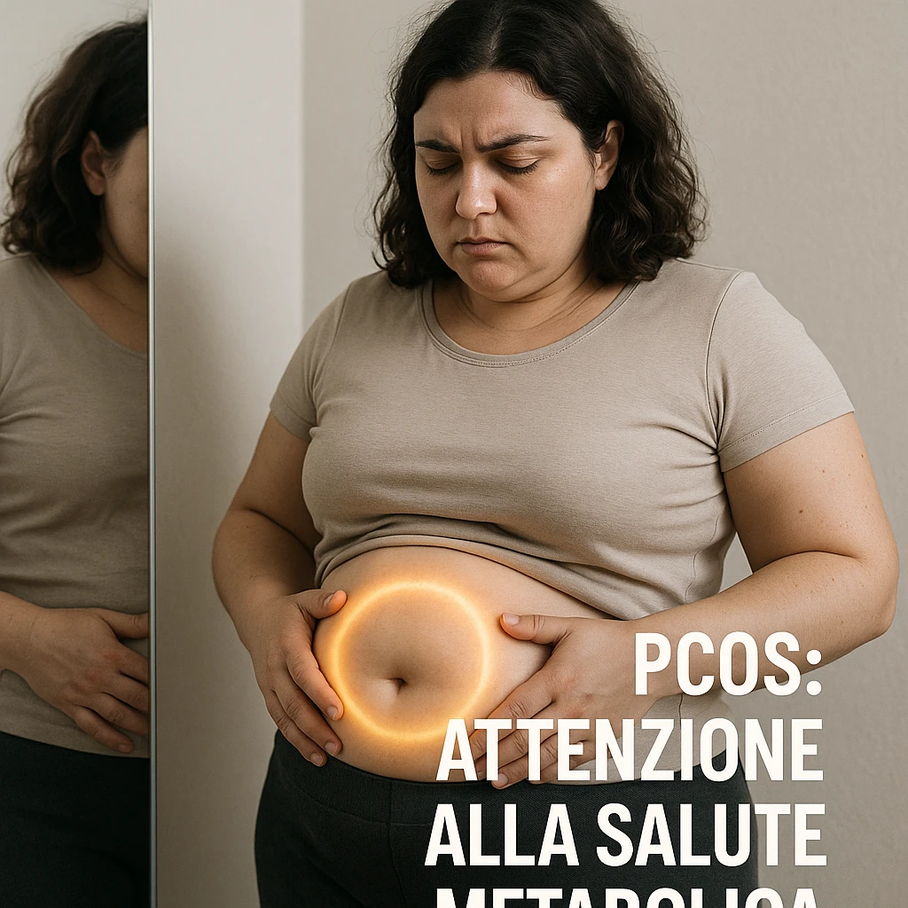 close-up of a woman with PCOS looking at her bloated belly in the mirror, serious expression, glowing halo on the abdomen, Italian text: 'PCOS: attenzione alla salute metabolica', neutral background, 4K quality emoji