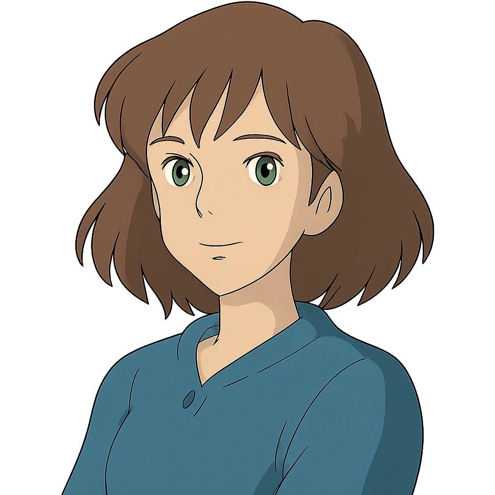 ghibli style illustration of a woman with brown hair and green eyes emoji