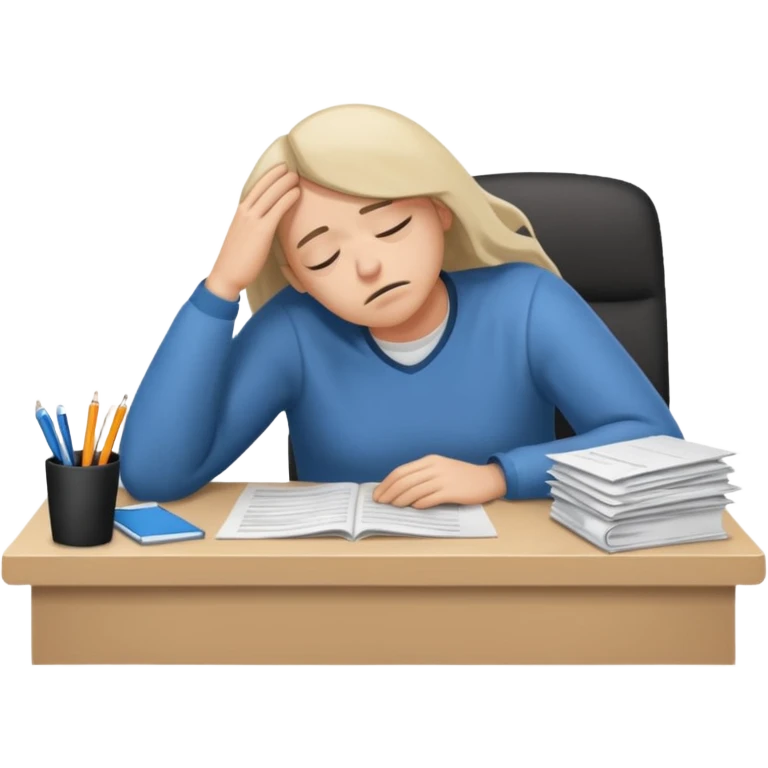 tired person with drooping eyelids, slumped at desk with paperwork, burnout, iOS emoji style emoji