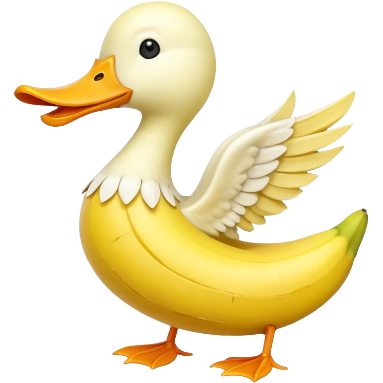 A whimsical creature shaped like a peeled banana with a duck’s head, wings made from the banana peel, fuzzy white and yellow skin, and orange beak and feet emoji