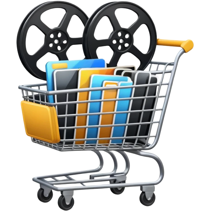 shopping cart containing film reel and video icons emoji