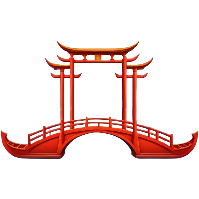 West Lake with Broken Bridge, prominent blue water surface with ripples, small traditional boat on water, symmetrical composition, simplified emoji style with bold outlines, Chinese arch bridge over expanded lake emoji