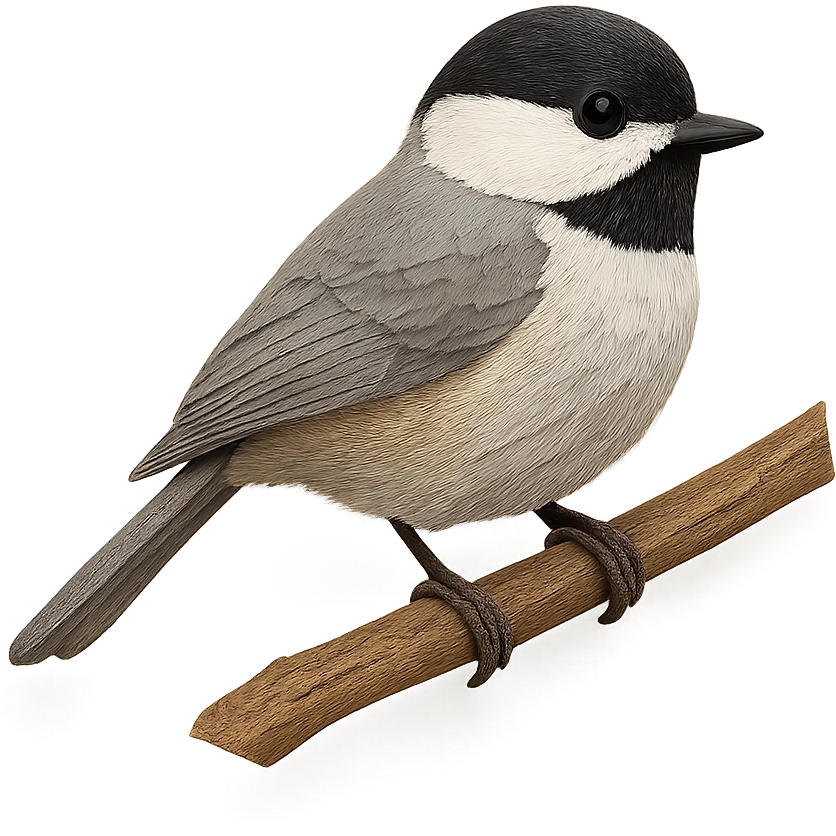very detailed Carolina Chickadee perched on a tree branch, intricate cut paper textures, soft gray and white feathers, black cap and bib, subtle buff sides emoji