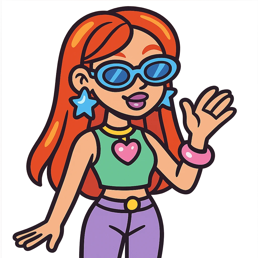 Y2K style girl with red hair, shiny accessories, pastel colors emoji