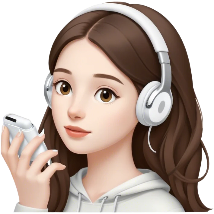  beautiful pale brunette girl with long hair listening to music in airpods emoji