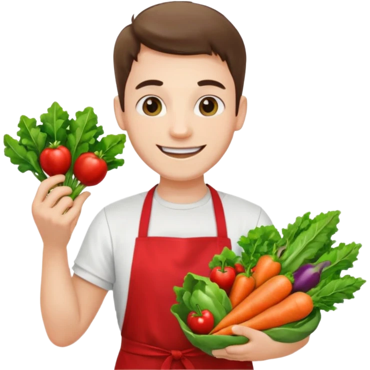 guy white t-shirt red apron smiling with vegetables emoji