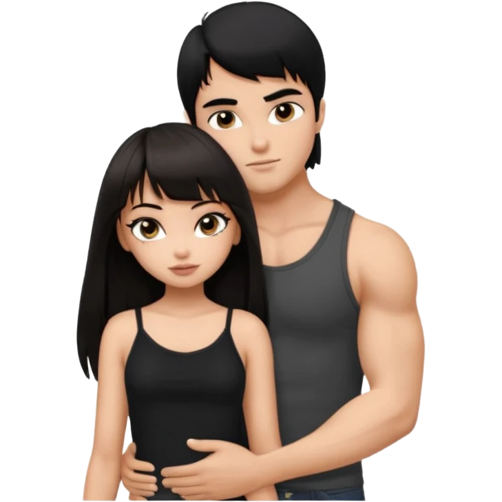 generate a pretty bratz girl in black cami top, dark brown straight long hair with bangs, eyeliner on, 

hugging a handsome muscular boy with black hair and a grey tshirt emoji