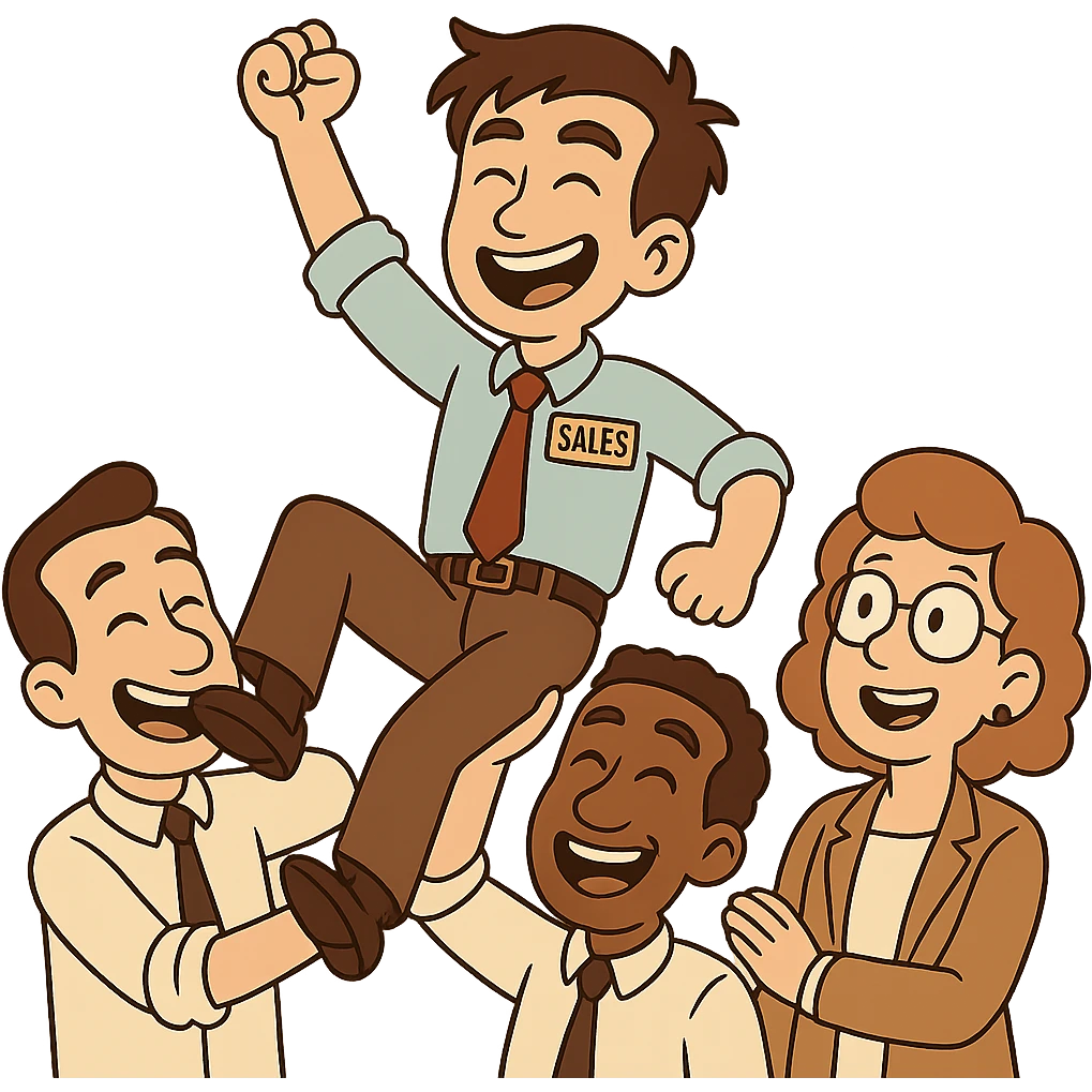Edit the cartoonish office celebration scene to make all people white/pale European/Slavic. Keep the junior sales official in business attire being lifted up by coworkers. Maintain the cartoonish office celebration style with a transparent background. emoji